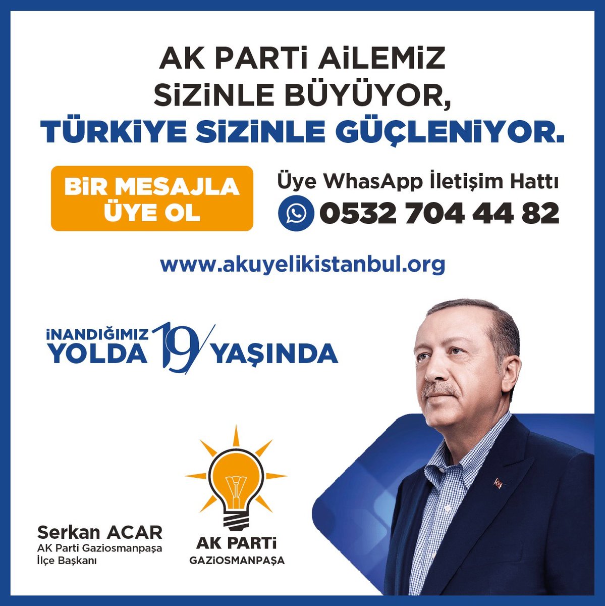 Büyük ve Güçlü Türkiye'nin geleceğinde senin de imzan olsun.

☎️ 0532 704 44 82 nolu Üye Whatsapp İletişim Hattına bir mesaj atarak @Akparti'mize üye olabilirsiniz.

Çünkü biz #SizinleDahaGüçlüyüz 

🎯#Hedefimiz100BinYeniÜye
↪️akuyelikistanbul.org