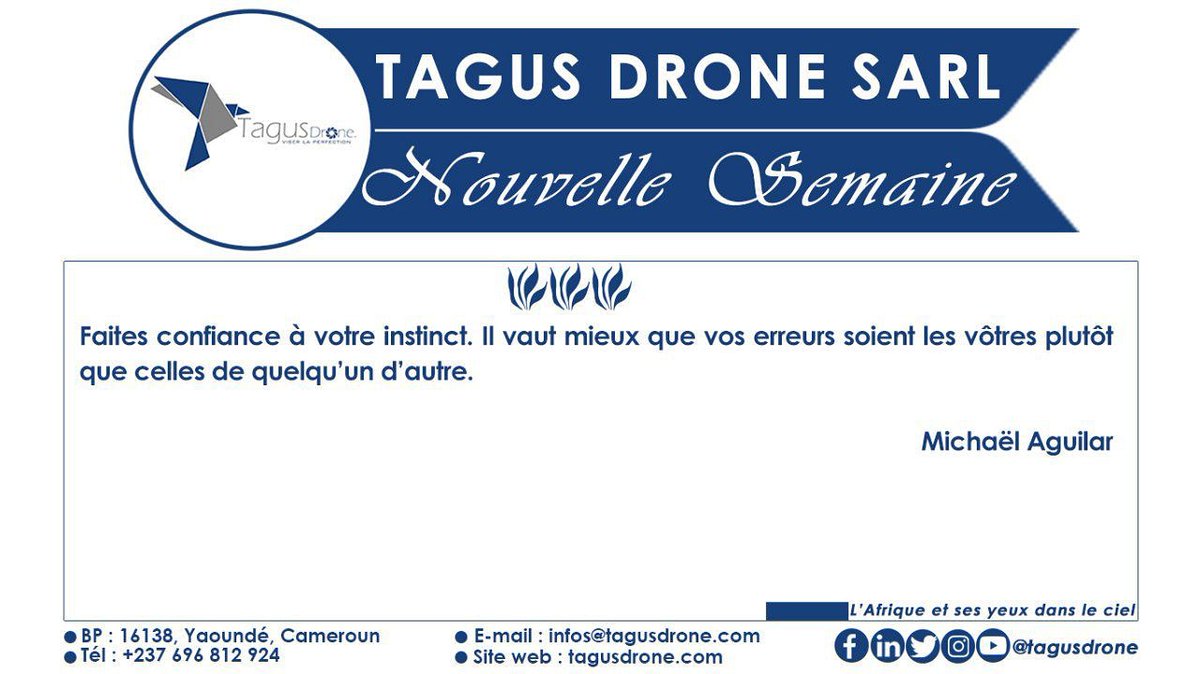 TagusDrone's tweet photo. 🎈Faites confiance à votre instinct. Il vaut mieux que vos erreurs soient les vôtres plutôt que celles de quelqu’un d’autre.

Excellent début de semaine à toutes et à tous

TAGUS DRONE, l'Afrique et ses yeux dans le ciel https://t.co/H7NttyGBiU