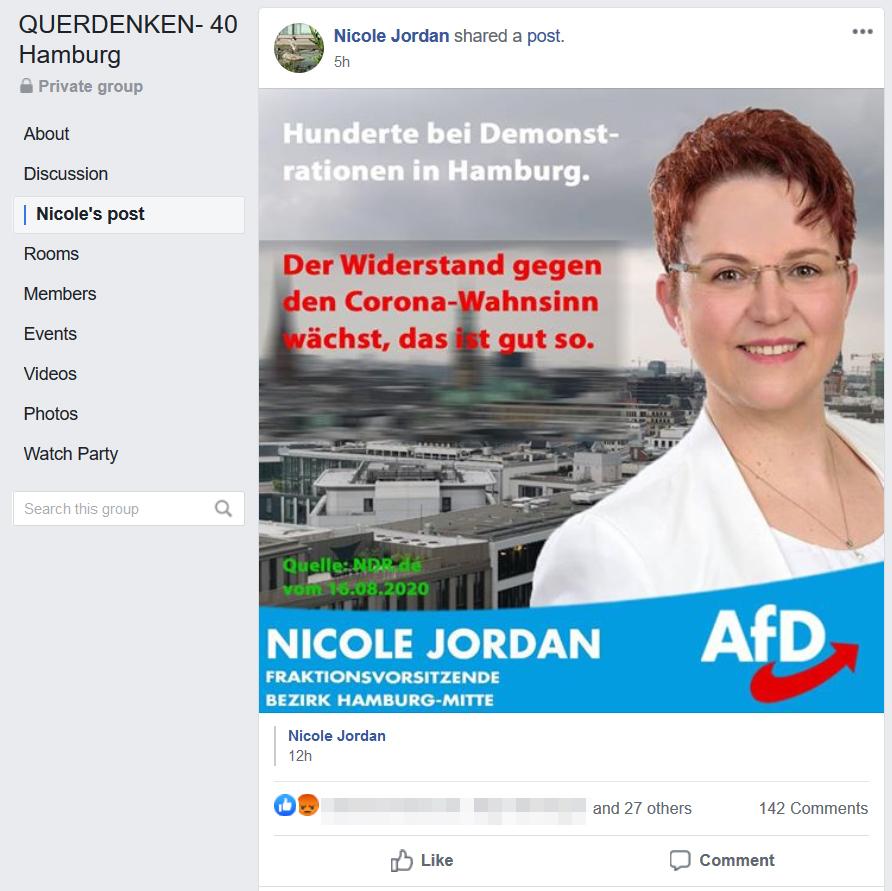 antira_infohh's tweet photo. "#Querdenken 40" und #AfD #Hamburg Hand in Hand. 

Viele vom extrem rechten Flügel der AfD waren am Samstag #hh1508 bei der Demo. Die Organisator*innen dulden neben der Teilnahme an den Demos auch die #AfD-Parteiwerbung in der Facebook Gruppe. 
#NoAfDHH #NoNazisHH #CoronawatchHH https://t.co/ctH4jz8Txv