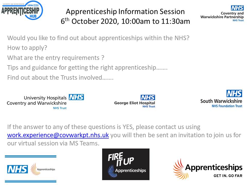 CWPT Talent For Care (@cwpt_talentforc) on Twitter photo Come and join us for an Apprentice Information Session, find out what an NHS apprenticeship is all about. <a href="/GEHNHSnews/">George Eliot Hospital NHS Trust</a> <a href="/UHCW_LD/">UHCW L&D Team</a> @SWFTapprent Come and join us for an Apprentice Information Session, find out what an NHS apprenticeship is all about. <a href="/GEHNHSnews/">George Eliot Hospital NHS Trust</a> <a href="/UHCW_LD/">UHCW L&D Team</a> @SWFTapprent