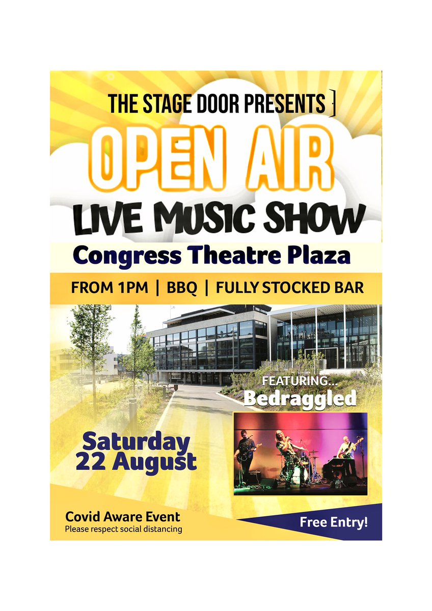 TheStageDoorPub's tweet photo. Back by popular demand, The Stage Door will be hosting another Summer music show at the Congress Theatre plaza next Saturday 22 August, this time featuring the popular  Bedraggled. Starting at 1pm, with a BBQ &amp; licensed bar to enjoy a tipple throughout the show, see you there! 🎶 https://t.co/697XcnpTBR