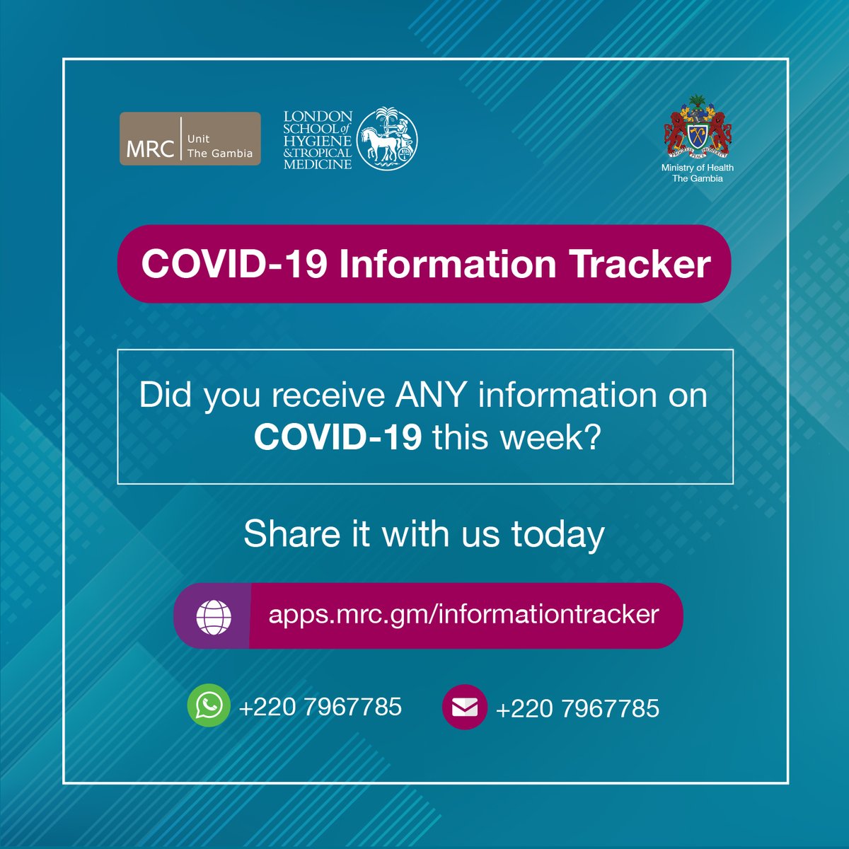 Ping! 📲

Did you receive a message on COVID-19? Are you tempted to share it? Here's what you can do. 

👉 Forward it via SMS/Whatsapp to +220 7967785
👉 Click on bit.ly/2XqB1Lr and share it

#StopTheSpread #COVID19 #COVID19Gambia