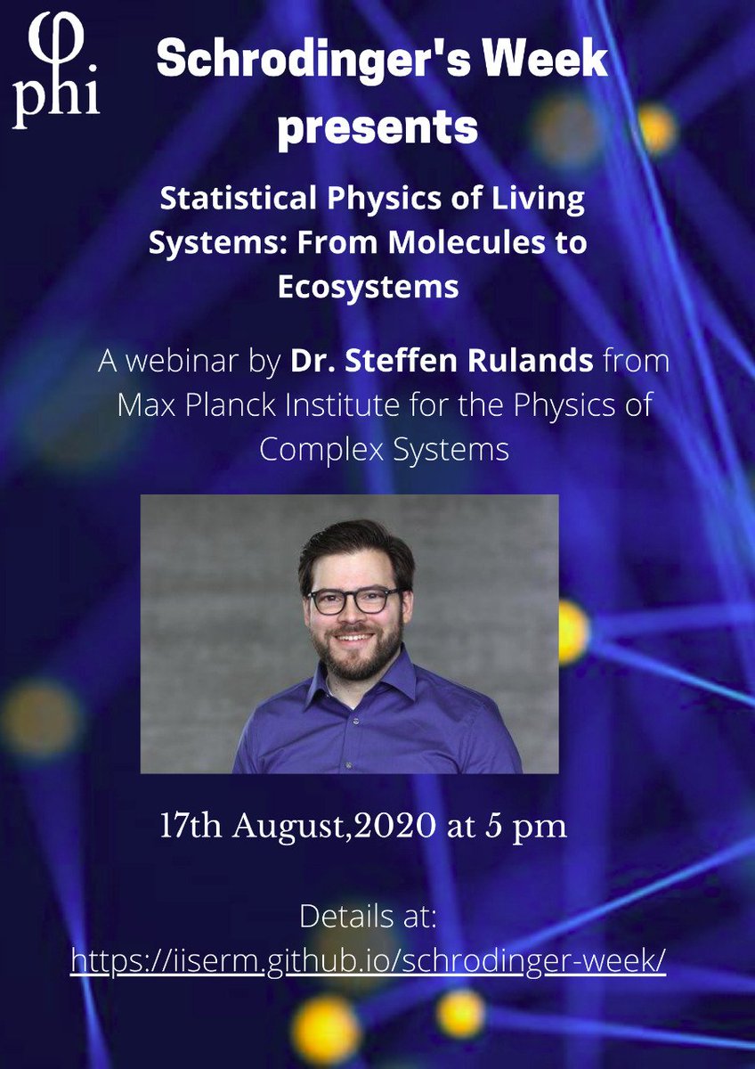 PhiClub_IISERM's tweet photo. We are delighted to host a webinar by Dr Steffen Rulands @rulandsgroup from #MPIPKS

Title : Statistical Physics of Living Systems : From Molecules to Ecosystems

When: 17 August 2020, Monday
Time: 1700 IST
Where : YouTube Live 
https://t.co/ovspI36mIZ https://t.co/VPrGaaHByi
