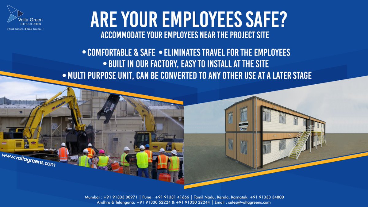 VoltaGreens's tweet photo. Protect your employees by accommodating them near the project site.
Our structural steel model is built in our factory and can be installed anywhere across India, with customised requirement and sizes.
#EmployeeAccommodation #ModularSteel #SteelConstruction #FactoryWorkers https://t.co/NfLlhnQe0p
