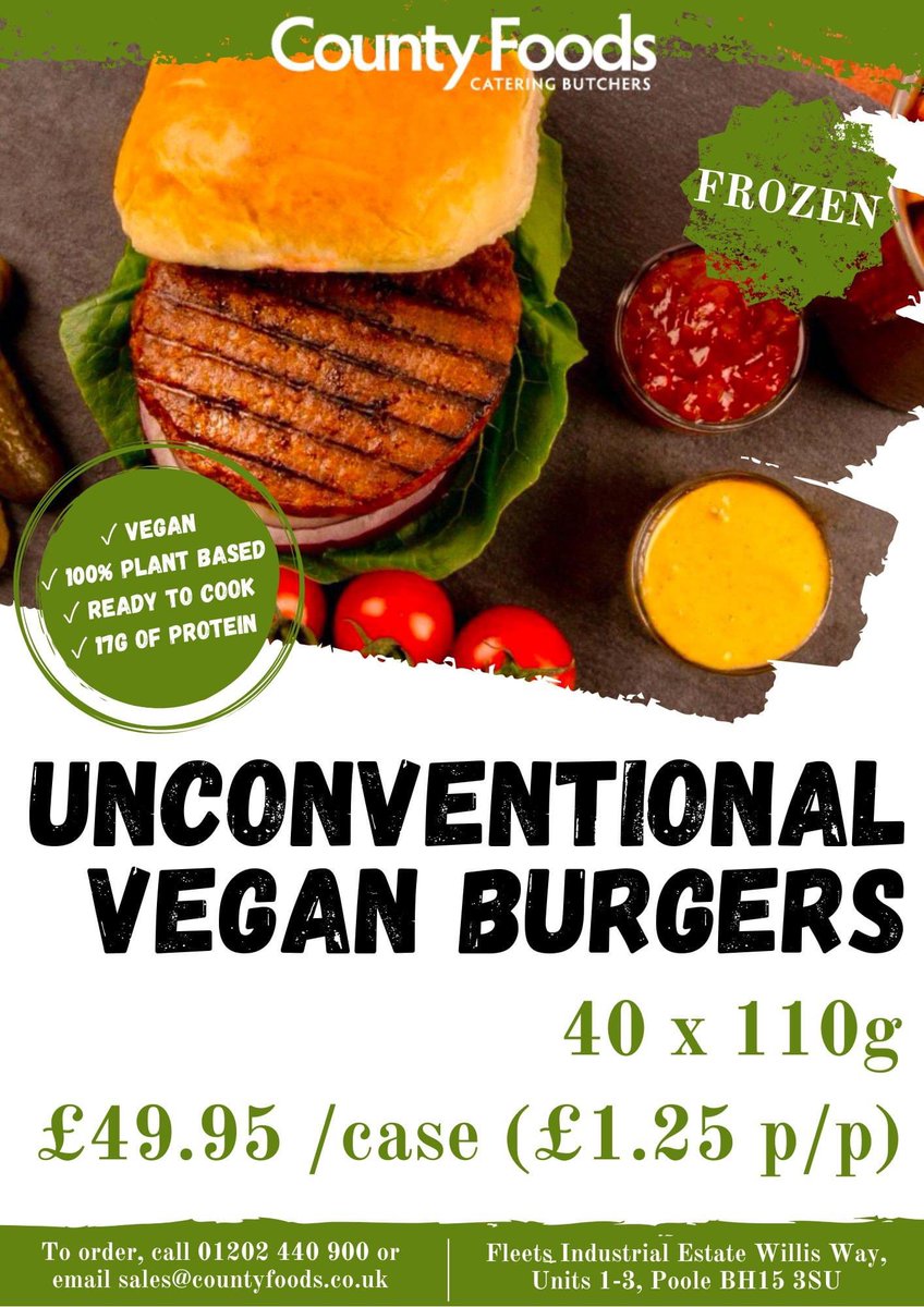 🍔 NEW Unconventional Vegan Burgers 🍔

Check out our 40 x 110g  NEW Unconventional Vegan Burgers, packed with 17g of protein &amp; 100% plant-based, the perfect healthy alternative!😋

ORDER NOW by calling 01202 440 900 or email sales@countyfoods.co.uk! 

#vegan #veganfood #dorset