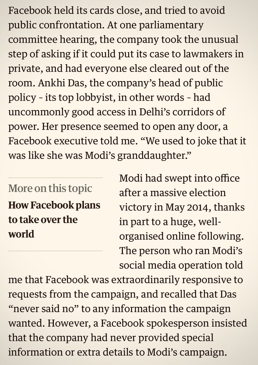 “We used to joke that it was like she was  @narendramodi’s granddaughter”: An unnamed  @Facebook executive on its chief India lobbyist Ankhi Das quoted in the  @guardian, in 2016. She “never said no” to any information Modi’s campaign team sought before the 2014 election.