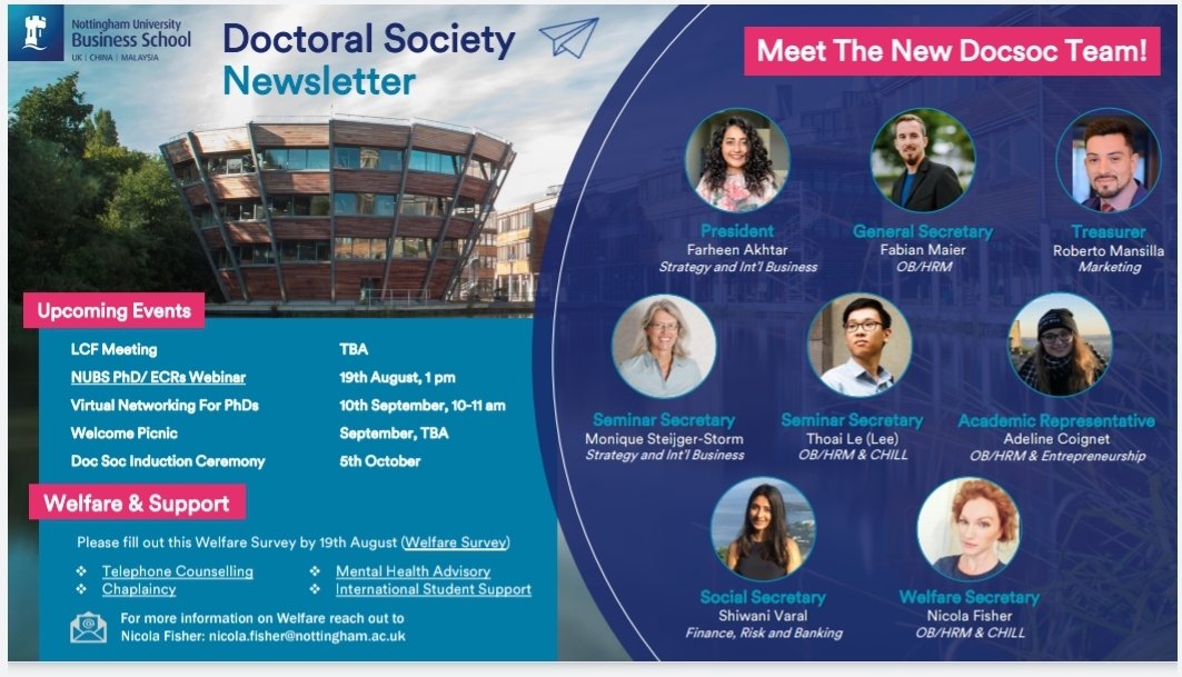 Our 1st new monthly newsletter is out 🙌 introducing you to the new #NUBS_DocSoc team, an overview of events coming up & links to the PGR welfare survey & welfare resources @UniofNottingham. Current students see emails 👍 #WeAreUoN