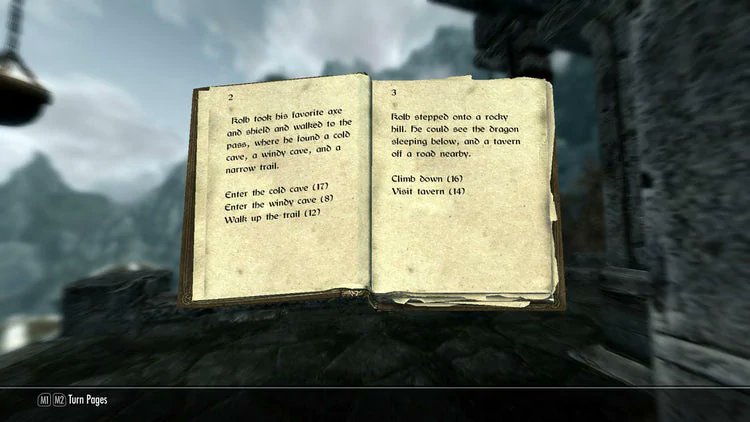 [Skyrim Easter Egg 🎉]

Kendi Maceranı Yarat

Skyrim'de Kolb and the Dragon adlı çeşitli yerlerde bir kitaba rastlayabilirsiniz. Kitap "kendi maceranızı seçin" tarzında
yazılmıştır ve hatta kitapta sizi belirli sonlara götürecek seçenekleri seçebilirsiniz.