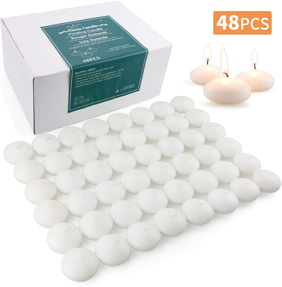 Free sample Candle 48 Pack Floating Candles for Centerpieces, Mini Small White Unscented Pool Candles,Cute and Elegant Burning Candles for Weddings,Party,Special Occasions and Home Decorations.. Refund after rating or seller feedback.