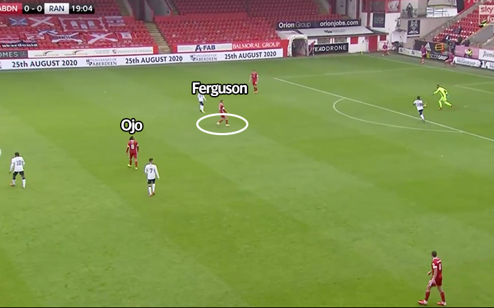 Instead, the ball goes back to goalkeeper. Lewis is closed down. Ferguson drops to 6 and shouts for the ball. He wants it despite close attention of Rangers forward. Only sensible/safe option for Lewis is to punt it. Unless....
