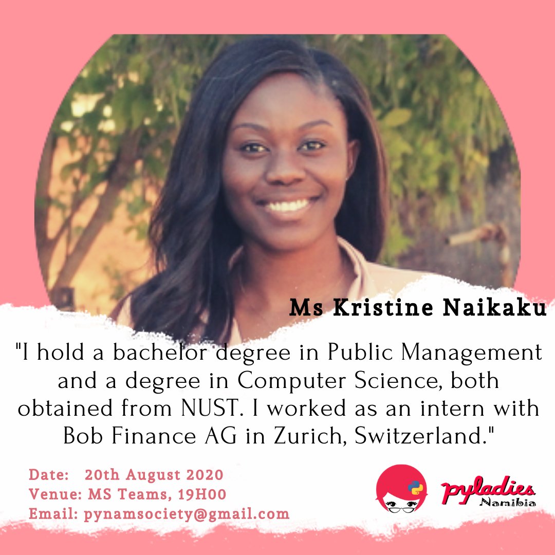 PythonNamibia's tweet image. Introducing our very own Kristine Naikaku, who will be joining us as a speaker at PyLadies Namibia Meetup. Her journey is indeed worth a listen. 
@KristineNaikaku @PyConNA @pynamscholars