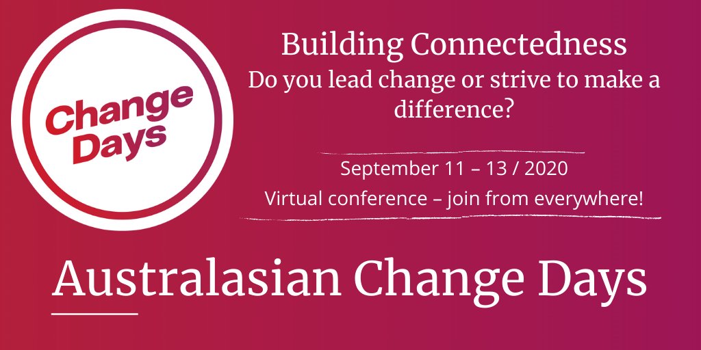 Change_GCD's tweet photo. Soon the Australasian #ChangeDays! Building #Connectedness. September 11 – 13
A virtual conference to be joined from everywhere! Buy tickets at: https://t.co/7PaoJkVgvs
#acdc2020 #acd2020 #australasianchangedays #changeleadership  #connection #virtual #elearning #communication https://t.co/U1qPbj5ic5