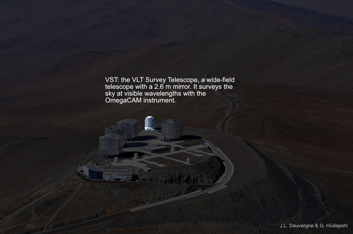 9/ The small telescope at the end of the platform is VST, which only has one instrument, OmegaCAM. This telescope has a large field of view and surveys the sky at visible wavelengths.