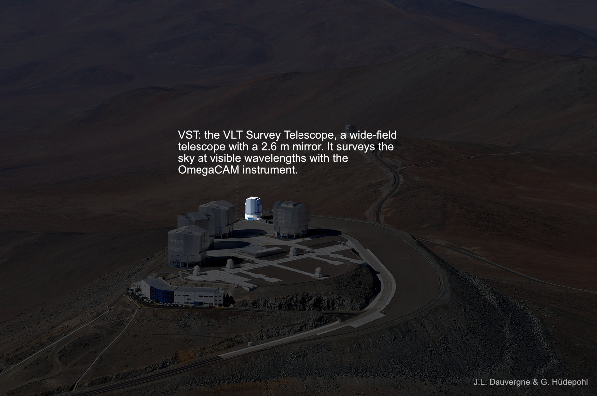 9/ The small telescope at the end of the platform is VST, which only has one instrument, OmegaCAM. This telescope has a large field of view and surveys the sky at visible wavelengths.