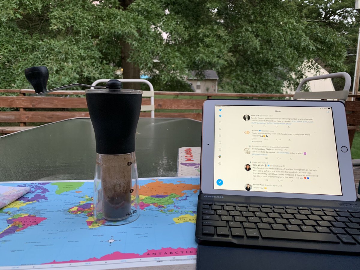 ArtSmithApostle's tweet photo. Good morning world. Itβs a cool morning, unusual for August in Missouri. The sun is rising later every day, but not me. Blending the sound my my Hario hand coffee grinder and Honduran beans with Independence cicadas. #coffee #cicadas #handground #Hario #spiritualpractice https://t.co/s9O1XuAk43