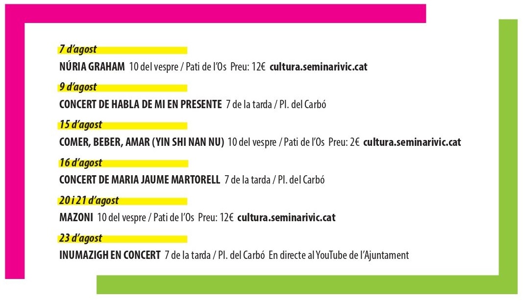 aj_vic's tweet photo. 🎤 Apunta't-ho: Concert de @mazonisongs (Jaume Pla) el dies 20 i 21 d'agost al Pati de l'Os del @SeminariVic, dins la programació del #VicTroc. En el novè disc, Mazoni ofereix actitud a raig i textos viscerals. Te'l perdràs? 👉 https://t.co/T8IOc4NbZC https://t.co/Atb1JWvIf4