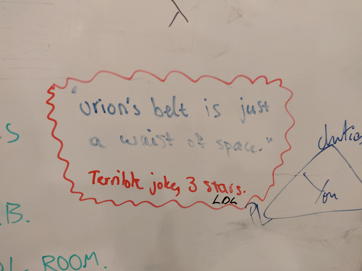 13/ Speaking of long nights, the whiteboard in the control room is full of graphical evidence of what happens to our brains as hours go by. Exhibit A (not mine!):