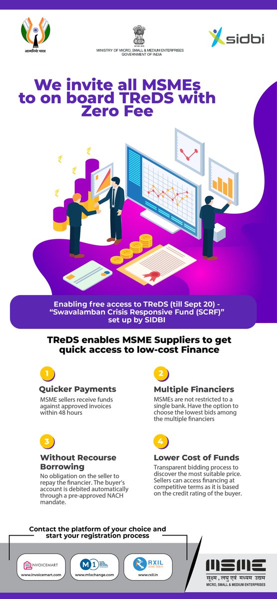 minmsme's tweet image. Congrats MSMEs ! 
The fee for joining TReDS platform has been waived. You can get funds against your approved  invoices quickly. Register yourself and make your #msmetochampions. 
@FinMinIndia @sidbiofficial