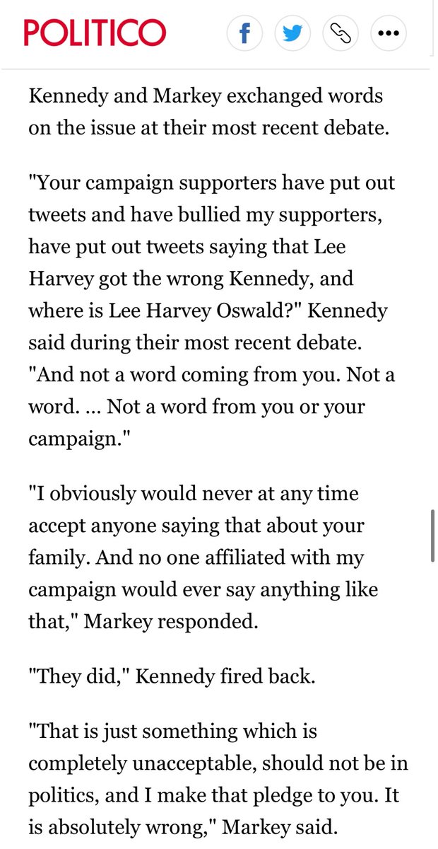 Some users insist they are making a crude joke, but given the family’s tragic history, the campaign takes threats on the congressman's life seriously. The online vitriol came up at their last debate. Markey and Kennedy debate for the last time tomorrow. https://www.politico.com/news/2020/08/17/markeykennedy-family-senate-primary-396746