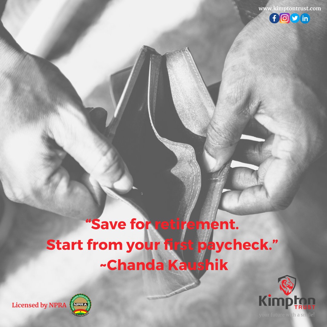 kimptontrustgh's tweet photo. "Save for retirement. Start from your first pay-check." ~Chanda Kaushik
#InspirationalMonday https://t.co/X3ViGwAKS2
