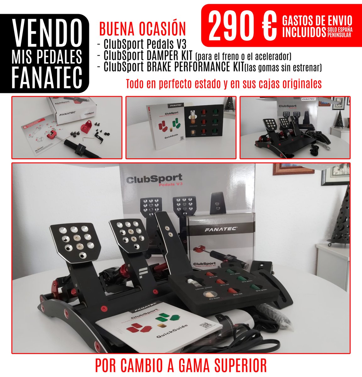 mrock60ramones's tweet photo. Buena oportunidad. VENDO mis pedales Fanatec V3 + Damper Kit + Brake Performance por cambio a BJ Steel Hydraulic de @Bjsimracin1. Perfecto estado. Cajas originales. Solo 290€ (gastos envío incl. España peninsular). Mensaje privado. Se agradece Retuit. https://t.co/5f7DsVtxjo