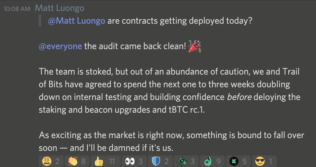 Devops199fan Keep Project Tbtc Audits Are Clean Rc 1 Launch Planned For 1 3 Weeks Out To Allow For Additional Testing I Hope They Are Getting Samczsun From Trailofbits To