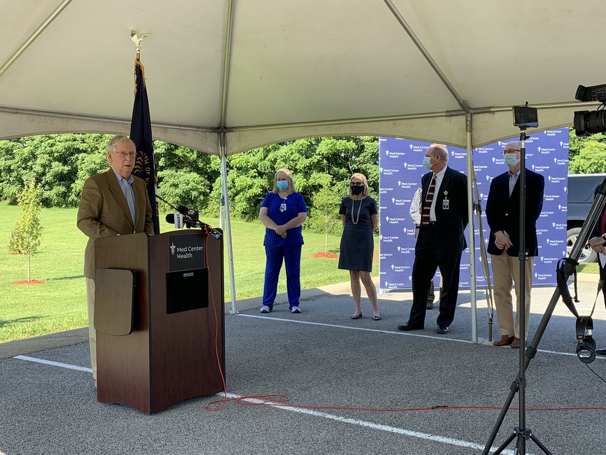 MedCenterHealth's tweet image. We were pleased to welcome U.S. Senate majority leader Mitch McConnell to The Medical Center at Caverna this morning as he thanked frontline healthcare workers, spoke about the CARES act and encouraged mask wearing. @McConnellPress #maskupky