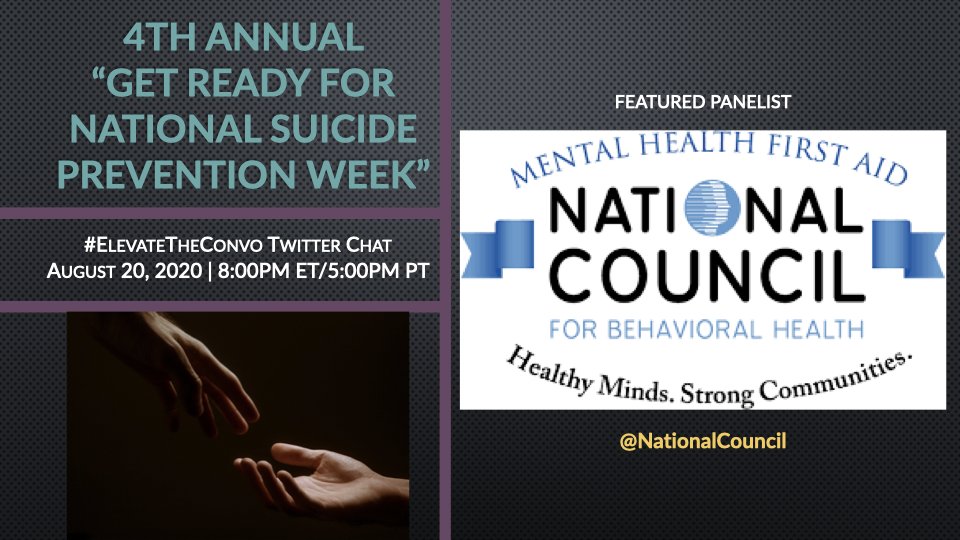 sspencerthomas's tweet photo. DON'T MISS: @NationalCouncil is a featured panelist on the 4th annual "Get Ready for National #SuicidePrevention Week" #ElevateTheConvo Twitter Chat: Aug 20th 8PM NYC. More: https://t.co/8LKaUzi6vm @MHFirstAidUSA #ConnectedMH #BH365 #BeTheDifference #BeThe1to #BeThere #NSPW #WSPD https://t.co/MKJAzfar56