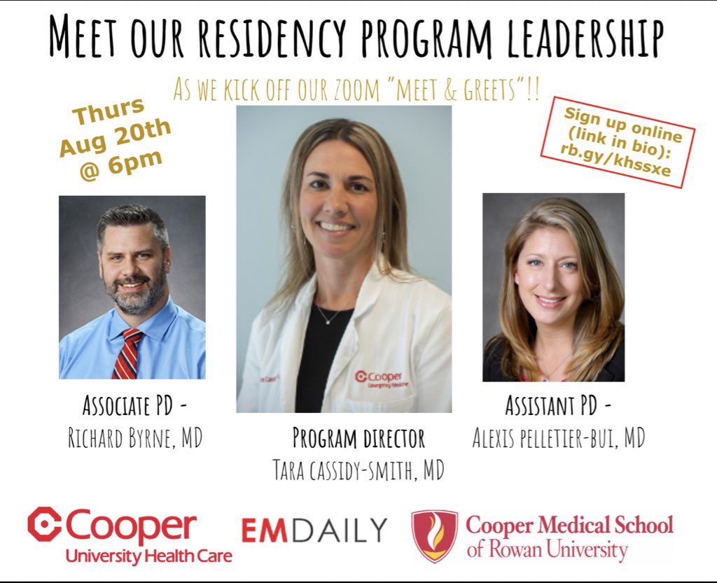 #HeyMedStu - Don’t forget to sign up for our meet &amp; greet w our PD/APDs this THURS 8/20 (or any of our other upcoming sessions!) Can’t wait to meet you! In prep - what questions do you have for us? #EMbound #match2021 #emresidency