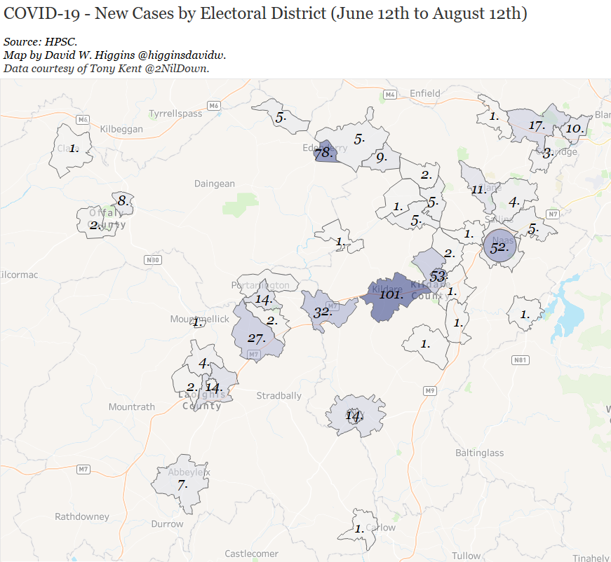 First to the  #LOKdown counties.Kildare town, Naas, Edenderry, Newbridge, Monasterevin, Emo have all had significant numbers of new cases.It's notable that if Edenderry wasn't in Offaly, the county probably wouldn't be in lockdown at all.