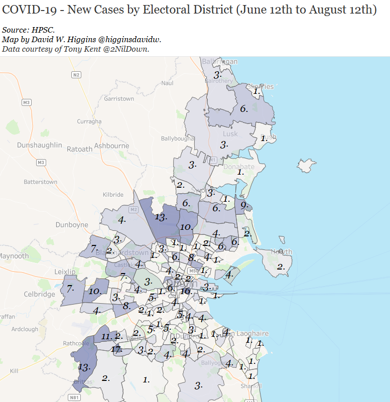 Next to Dublin. The usual caveat that Dublin has a huge population so it's not unusual for most ED's to have had cases over a 2 month period.The most any ED had was 17 cases in Killinardan in Tallaght.Big chunks around Bayside, Newcastle and Dun Laoghaire with no cases at all