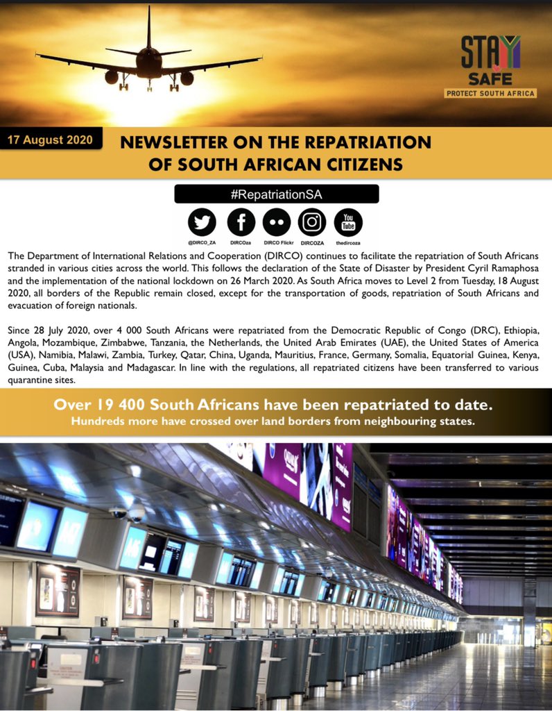 DIRCO_ZA's tweet photo. #RepatriationSA: Over 19 400 South Africans have been repatriated to date. 

[READ]: The #Repatriation Newsletter https://t.co/LLHC9JH6ee https://t.co/iL2CUBfqdP