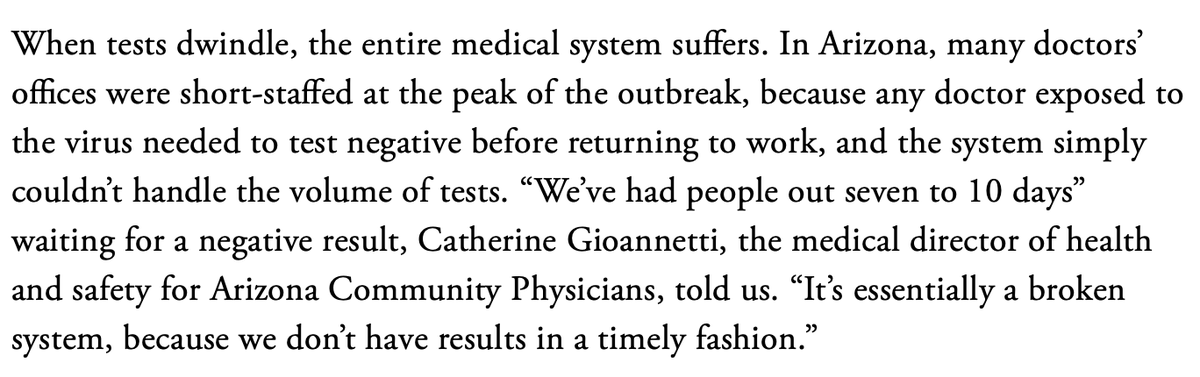 When testing fails, it saps the whole medical system of capacity. In July, the number of samples in Arizona far exceeded local PCR machines’ ability to run them. This meant that even tests for doctors, which are fast-tracked, took days to come back. (6/n)  https://theatlantic.com/health/archive/2020/08/how-to-test-every-american-for-covid-19-every-day/615217/