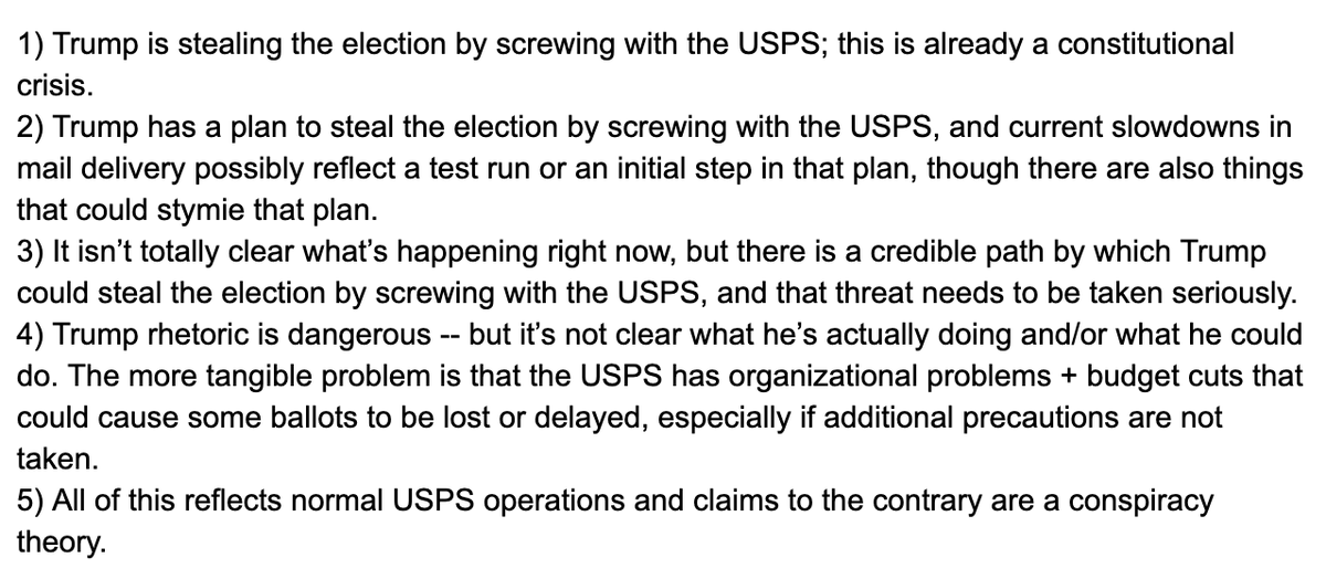 NateSilver538's tweet photo. It seems like we need a few more gradations in talking about the USPS. A lot of the rhetoric on here falls into categories 1 or 5, while the reporting would point toward 2, 3 or 4. https://t.co/DKch1BYtMI