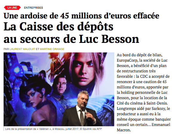edwyplenel's tweet photo. [RÉVÉLATIONS] Au bord du dépôt de bilan, EuropaCorp, la société de Luc Besson, a bénéficié d’un plan de restructuration très favorable. Avec notamment l'aide d'un banquier conseil nommé… Emmanuel Macron. Par @MartineOrange @LaurentMauduit @Mediapart ➡️https://t.co/8wa5XGLt8D https://t.co/BcVM4PIa5M