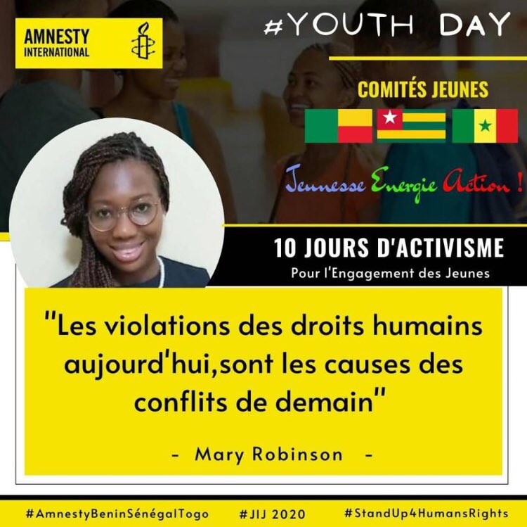 mamaoulfath's tweet photo. 10 jours d’activisme / Jour 05
#YouthDay2020
#AmnestyBeninSénégalTogo
#StandUp4HumansRights
#JIJ2020 @amnestybenin @kikanfr @Avlessifiacre @Yannickdedo @AdamWassilatou @lariosHCL @attindoglofreju @koutchedifaiko1 https://t.co/twnO7AjZfw
