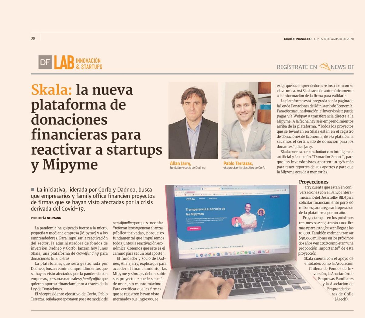 Corfo's tweet photo. ¡Por más alianzas público-privadas! Junto a @Dadneo y @clycme lanzamos Skala, plataforma de #crowdfunding para q personas, empresas e inversionistas aporten financiamiento a emprendimientos afectados por el #COVID19 pudiendo acogerse a la Ley de Donaciones https://t.co/Hi4A2k5e8g https://t.co/hRp6BPJ9Vt