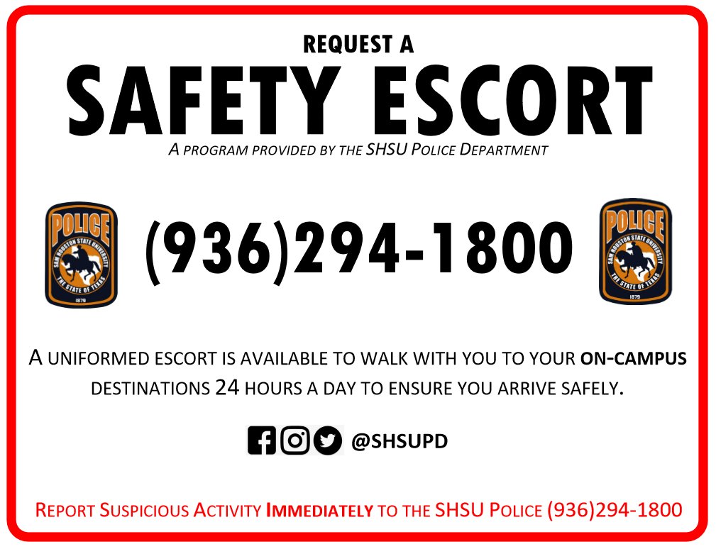 SHSUPD's tweet photo. Check out some of our new signage that will be posted throughout the #SHSU campus to help remind you to request a Safety Escort. This a great program to help ensure you arrive safely to any on campus destination. Request a Safety Escort by calling 936/294/1800 #SHSUPD #bearkats https://t.co/H9FrFv3MS1