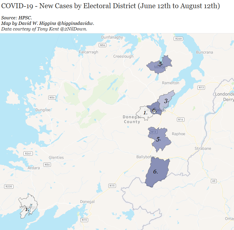 DonegalThere have been cases around Letterkenny and Milford. The other EDs appear to be relatively rural.