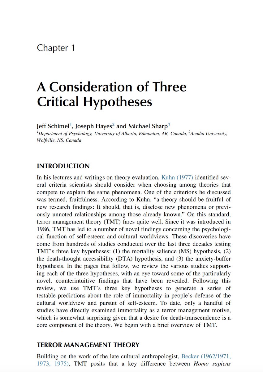 2/ "Terror Management Theory" was coined by cultural anthropologist Ernest Becker in 1971 and has been studied since then. "TMT predicts that when people are reminded of their own mortality, which happens w/fear-mongering will strongly defend those who share their worldview."