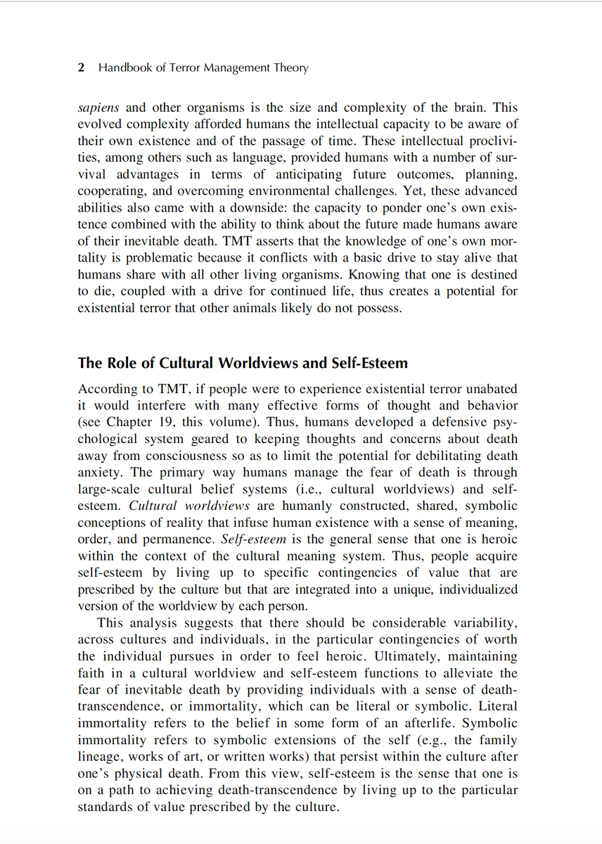 2/ "Terror Management Theory" was coined by cultural anthropologist Ernest Becker in 1971 and has been studied since then. "TMT predicts that when people are reminded of their own mortality, which happens w/fear-mongering will strongly defend those who share their worldview."