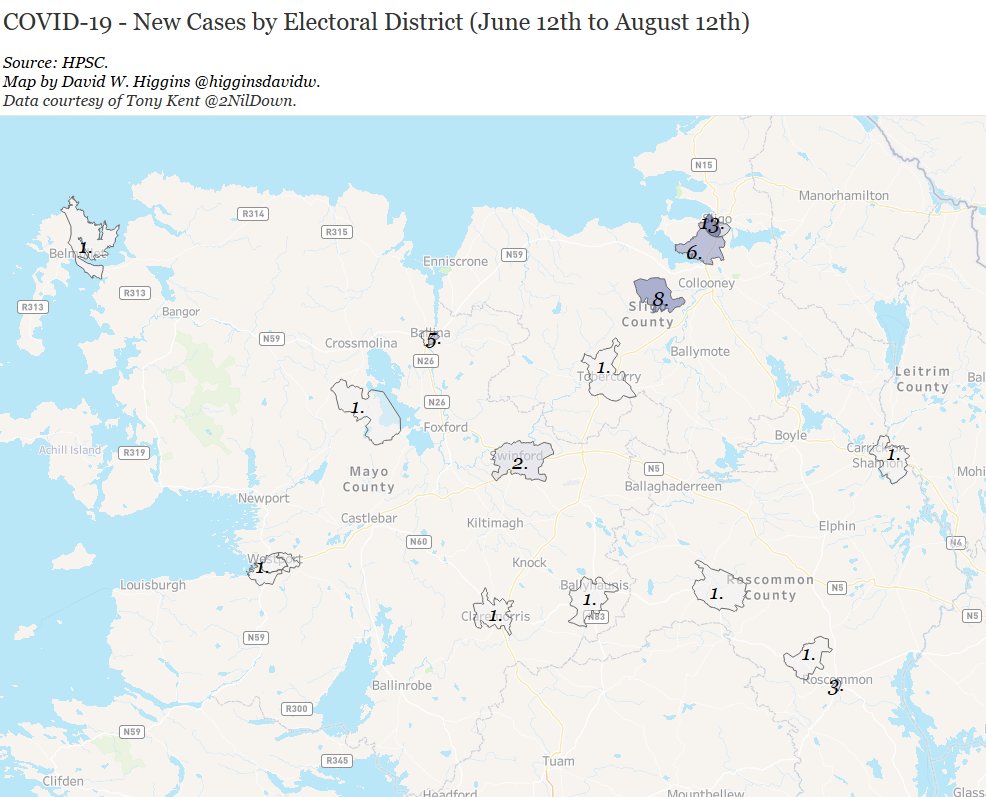 North WestOnly 1 cases in Leitrim (Carrick) and Roscommon has had very few cases.Sligo has had the most in the region, but before June had gone a month without a new case.