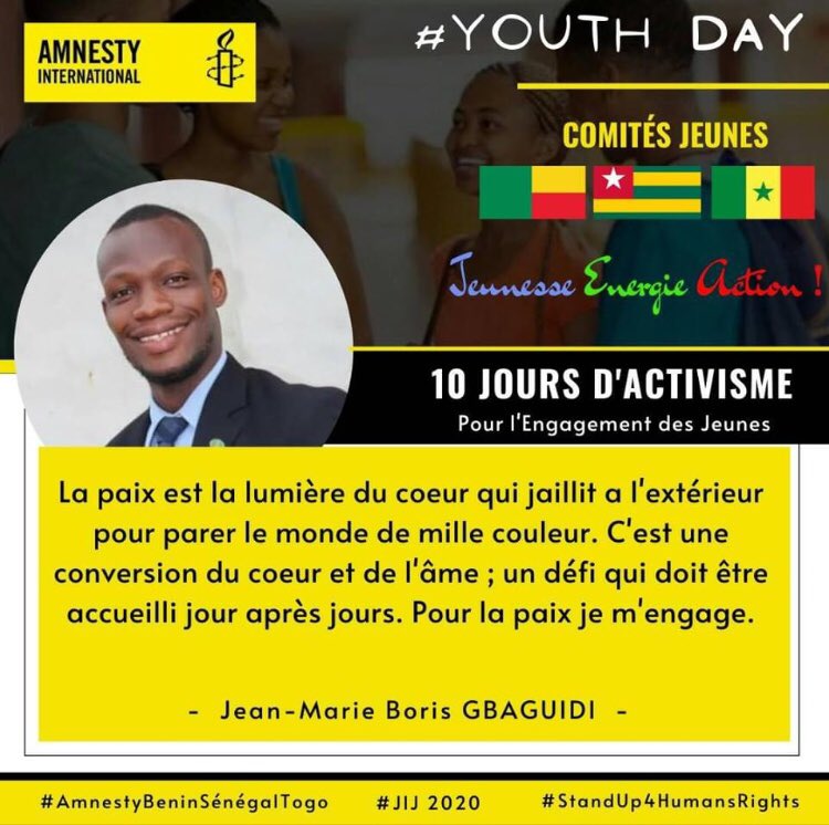 mamaoulfath's tweet photo. 10 jours d’activisme / Jour 06
#YouthDay2020
#AmnestyBeninSénégalTogo
#StandUp4HumansRights
#JIJ2020 @amnestybenin @kikanfr @Avlessifiacre @Yannickdedo @AdamWassilatou @lariosHCL @attindoglofreju @koutchedifaiko1 https://t.co/9GqaWnX2FL