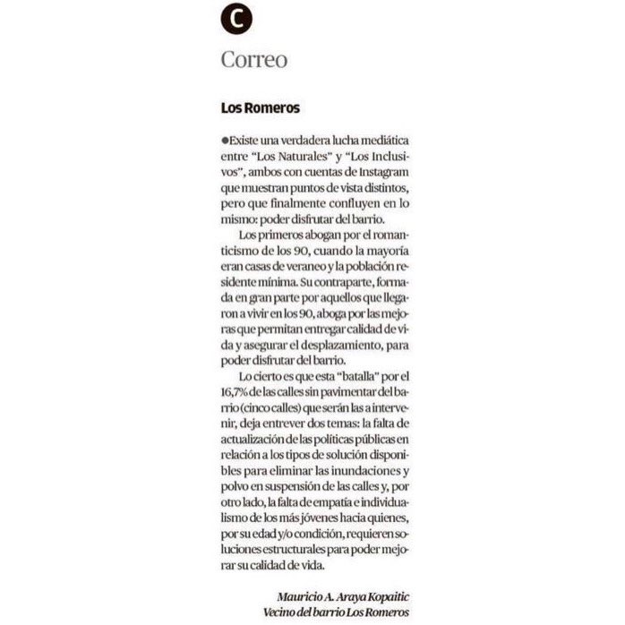 InclusivoLos's tweet photo. *OPINIÓN* Vecino del sector 📍Los Romeros, Concón, envía su opinión respecto a la problemática que estamos viviendo al @mercuriovalpo 

#pavimentolosromeros #losromerosinclusivo #nomasbarro #nomaspolvo #losromeros #concon #mercuriovalpo #inclusion #empatia https://t.co/cwO9hQk8hn