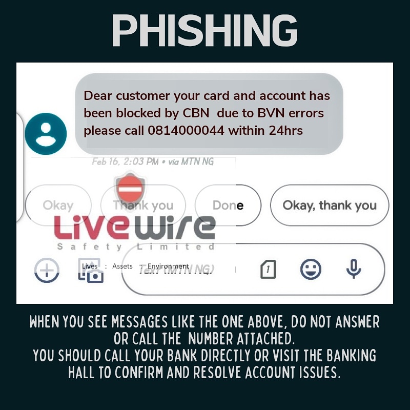 LIVEWIRESAFETY1's tweet photo. Calling any of the contact numbers attached to spam messages would expose you to scammers. Go to your bank directly to resolve complaints
#phishing #scammers #creditcardfraud https://t.co/vfvQEDCy99