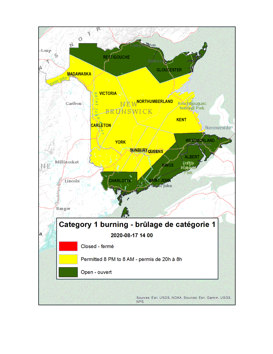 NBForestFires's tweet photo. Burning conditions are valid from 2 PM August 17th to 2 PM August 18th.

The following counties are open for burning:  Albert, Charlotte, Gloucester, Kings, Restigouche,  Saint John and Westmorland.

Between 8 PM and 8 AM burning is permitted in all other counties. https://t.co/mv9jKejZgS