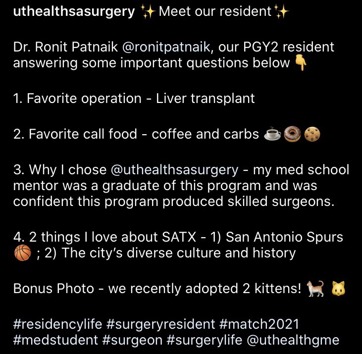 UTHealthSASurg's tweet photo. ✨Meet our resident✨

Dr. Ronit Patnaik @patnaik_ronit PGY2 answering important questions including why he chose @UTHealthSA 👇

#residencylife #surgtweeting #MedTwitter #MedStudentTwitter #match2021 #surgEd #surgeryresidency @UTHealthSA https://t.co/AFjjBD1tyr
