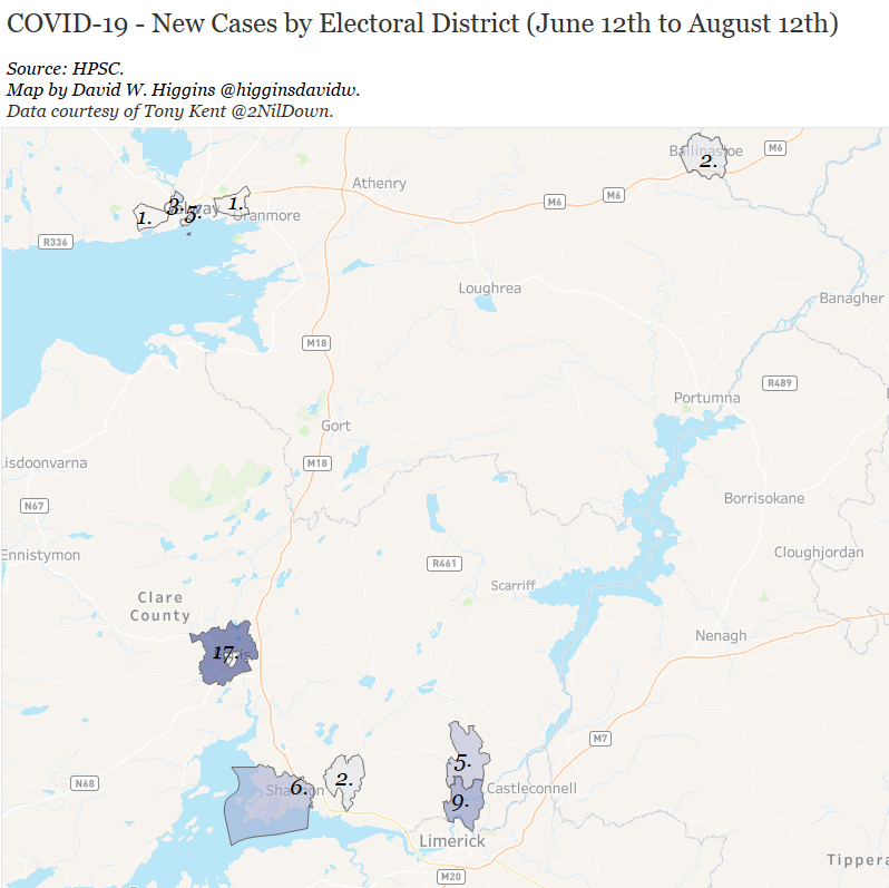Galway and ClareThe town of Ennis had more cases than all of county Galway combined. More cases around Shannon and near Limerick.Galway's cases have been exclusively in the city, and 2 in Ballinasloe.