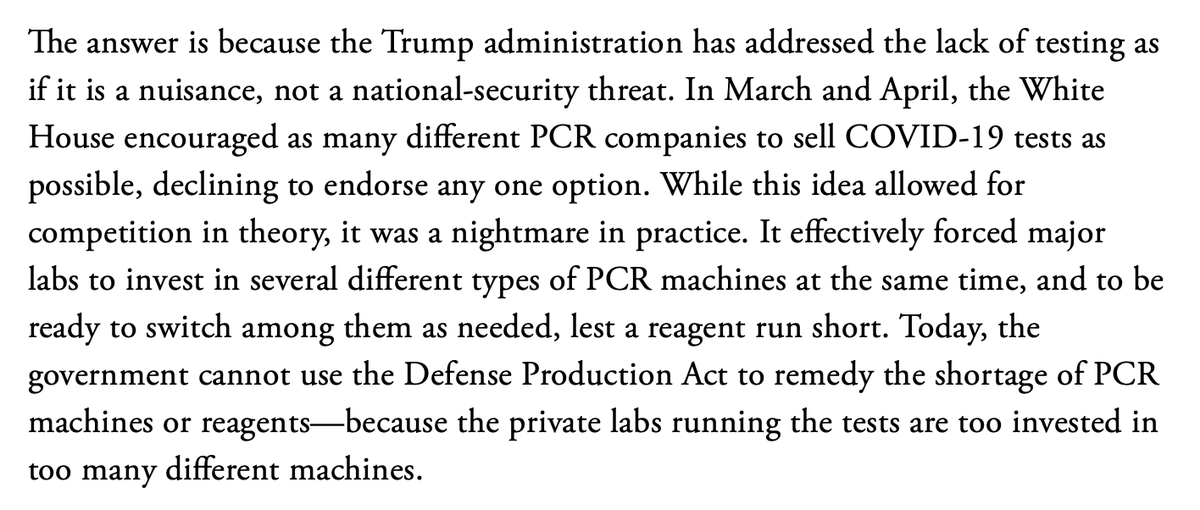 Today, those labs are invested in many different platforms… and their supply chains *remain* unreliable. But because the White House didn’t set a common standard in April, it can’t easily use the Defense Production Act to remedy shortages now. (11/n) https://www.theatlantic.com/health/archive/2020/08/how-to-test-every-american-for-covid-19-every-day/615217/