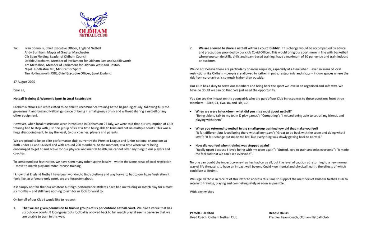 📣PRESS RELEASE: Oldham Netball Club say ‘female-only sports are forgotten about’ as they call to be allowed to resume training

Read now >> oldhamnetball.co.uk/news/oldham-ne… 

Let us know your thoughts? Please comment below ⬇️⬇️⬇️

#Oldham #netball #bringnetballback